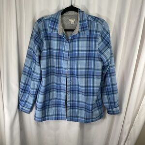LL Bean Fleece Lined Button Flannel Shirt Womens Small Plaid Blue& Gray Cozy
